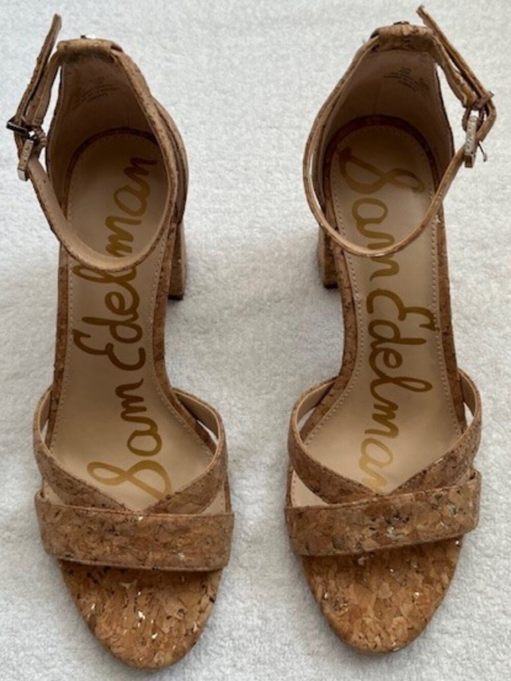 Sam Edelman Omar Metallic Cork Block Heels Women’s Sandals Neutral Tan Size 6
